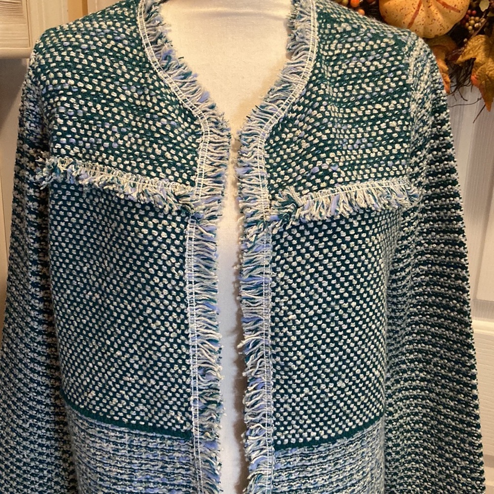 CHICO’S NWT Open Front Structured Tweed Teal Cardigan Size 1 (M) MSRP $119 - Picture 2 of 10